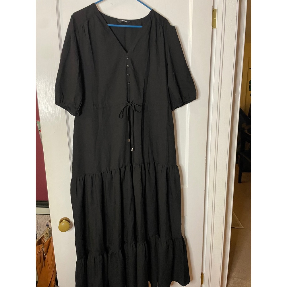 Minimalist Solid Black Tiered‎ Maxi Dress V Neck Puff Sleeve Casual Boho large